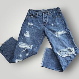 Old Navy High Rise Slouchy Straight Jeans Women's Size 6 Blue Raw Hem Button Fly